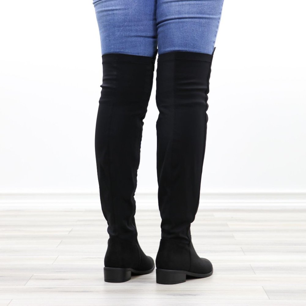 Low Heel Thigh High Boots Womens Over The Knee Suede & Stretchy Material Mix - Picture 9 of 14
